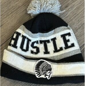 Hustle Gang Black White Gray Striped Knit Beanie Pom Pom Patch Logo